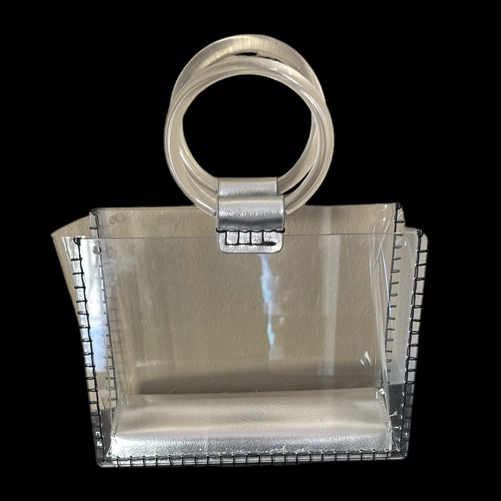 Clear Acrylic Handbag with Silver Accents round handles modern